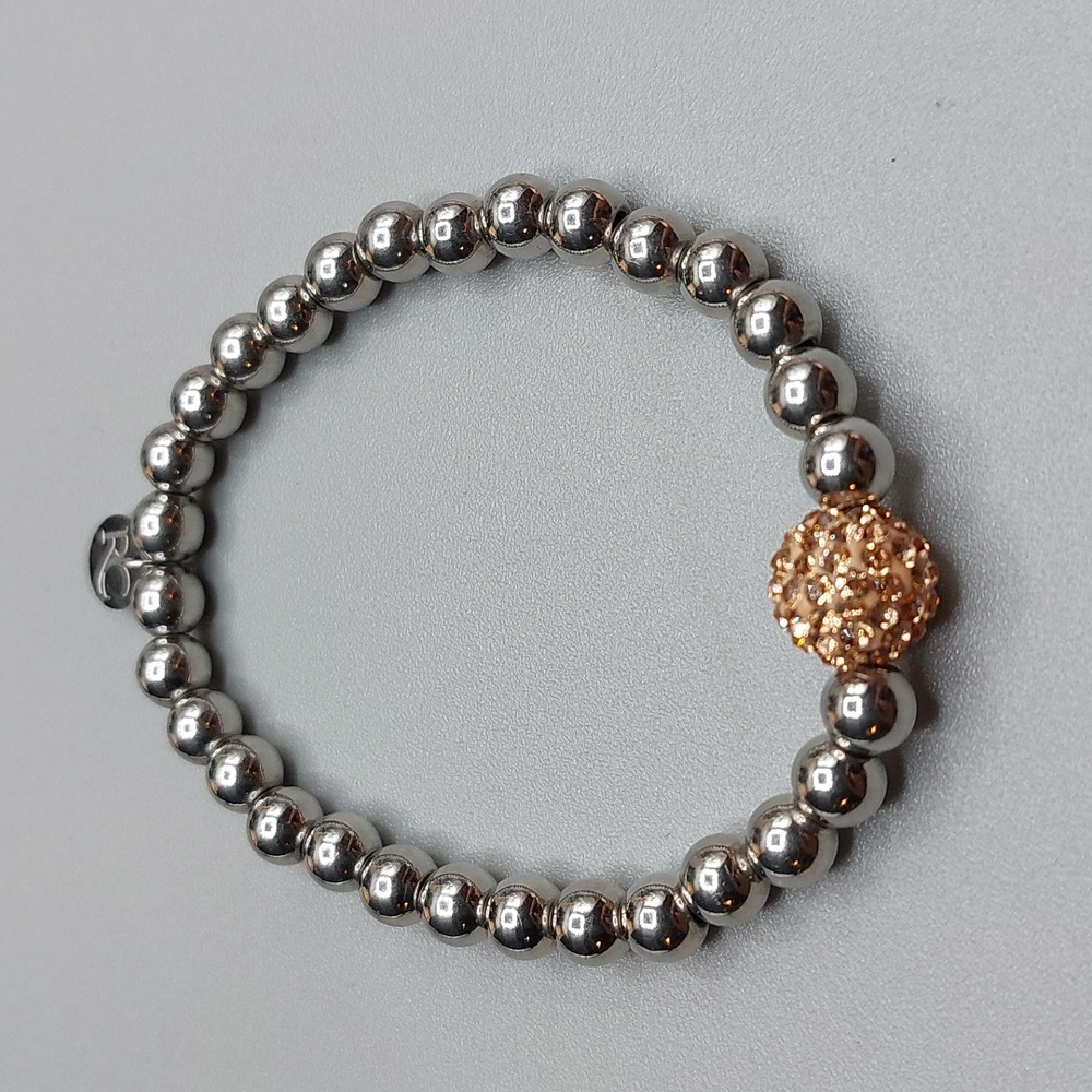 Rustic Cuff Peach Shamballa Bead Accent With Silver Tone Beaded Stretch Bracelet